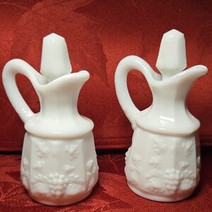 Westmoreland Paneled Grape White Milk Glass Cruet W/ Stopper. Set Of 2